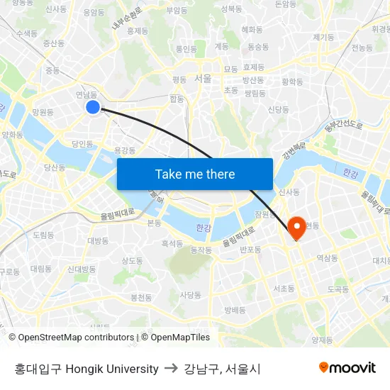 홍대입구 Hongik University to 강남구, 서울시 map