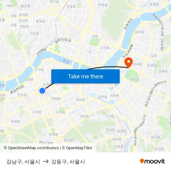 강남구, 서울시 to 강동구, 서울시 map