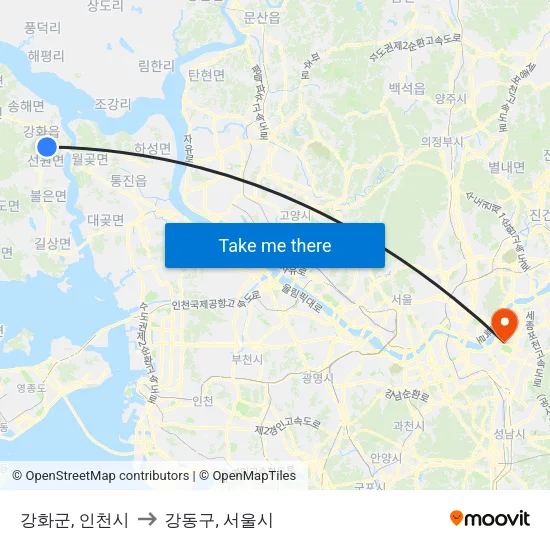 강화군, 인천시 to 강동구, 서울시 map
