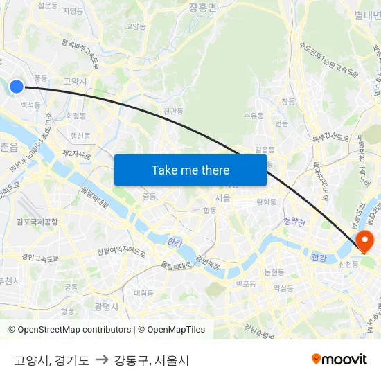 고양시, 경기도 to 강동구, 서울시 map