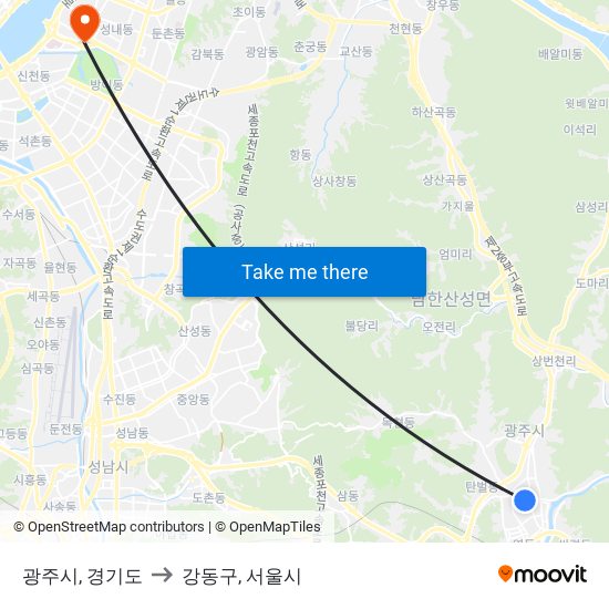 광주시, 경기도 to 강동구, 서울시 map