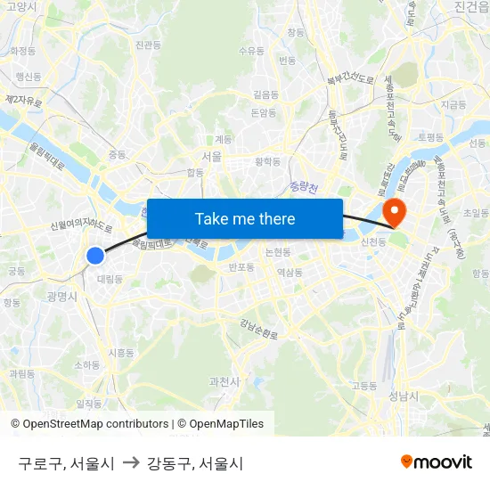 구로구, 서울시 to 강동구, 서울시 map