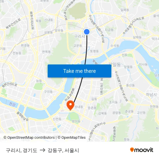 구리시, 경기도 to 강동구, 서울시 map