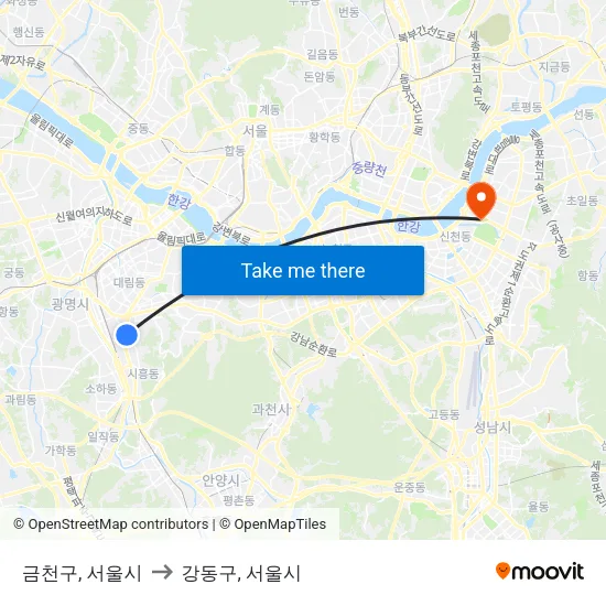 금천구, 서울시 to 강동구, 서울시 map