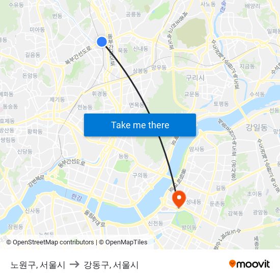 노원구, 서울시 to 강동구, 서울시 map