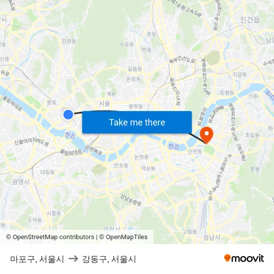 마포구, 서울시 to 강동구, 서울시 map