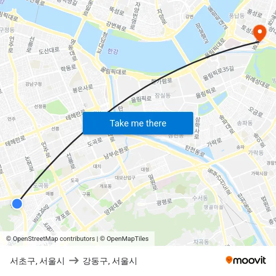 서초구, 서울시 to 강동구, 서울시 map