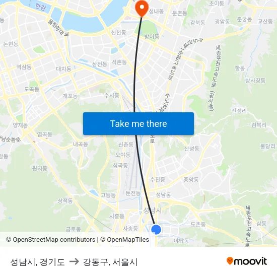 성남시, 경기도 to 강동구, 서울시 map