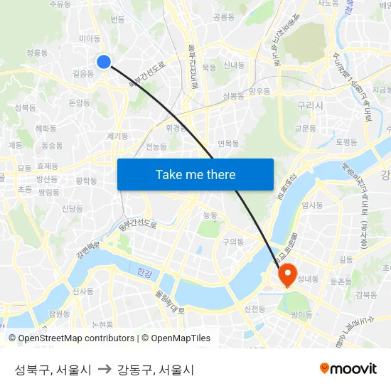 성북구, 서울시 to 강동구, 서울시 map