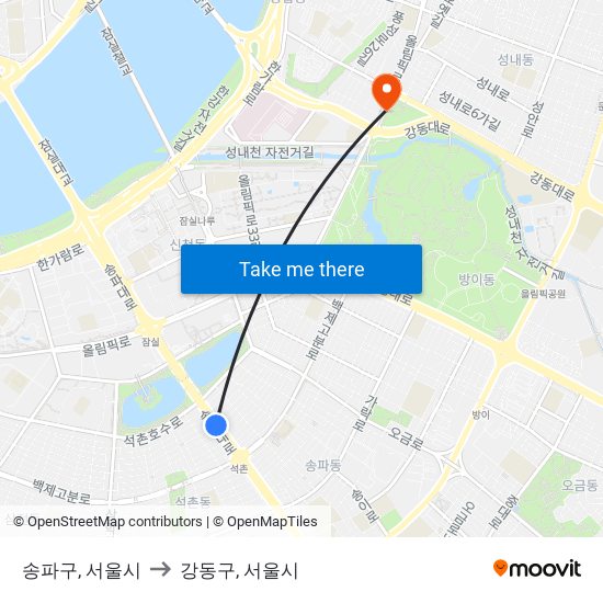 송파구, 서울시 to 강동구, 서울시 map