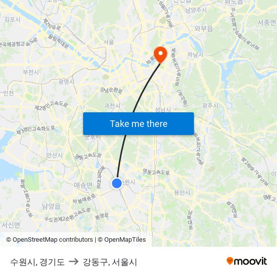 수원시, 경기도 to 강동구, 서울시 map