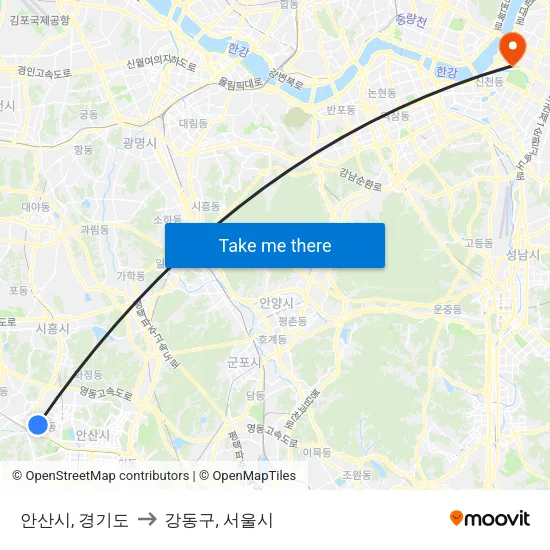안산시, 경기도 to 강동구, 서울시 map