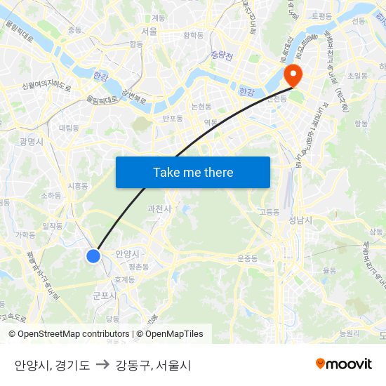 안양시, 경기도 to 강동구, 서울시 map