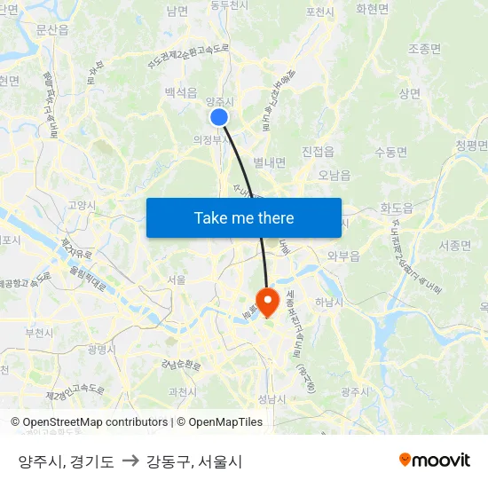 양주시, 경기도 to 강동구, 서울시 map