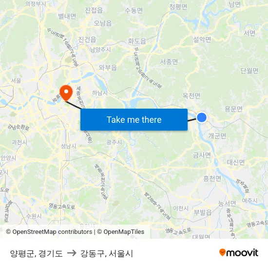 양평군, 경기도 to 강동구, 서울시 map