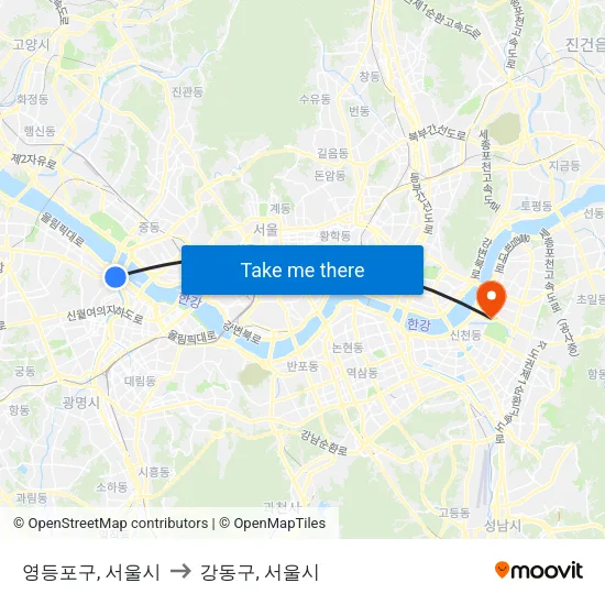 영등포구, 서울시 to 강동구, 서울시 map