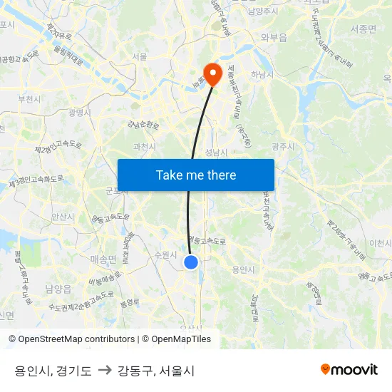 용인시, 경기도 to 강동구, 서울시 map