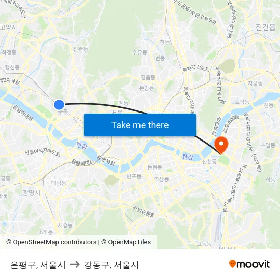 은평구, 서울시 to 강동구, 서울시 map