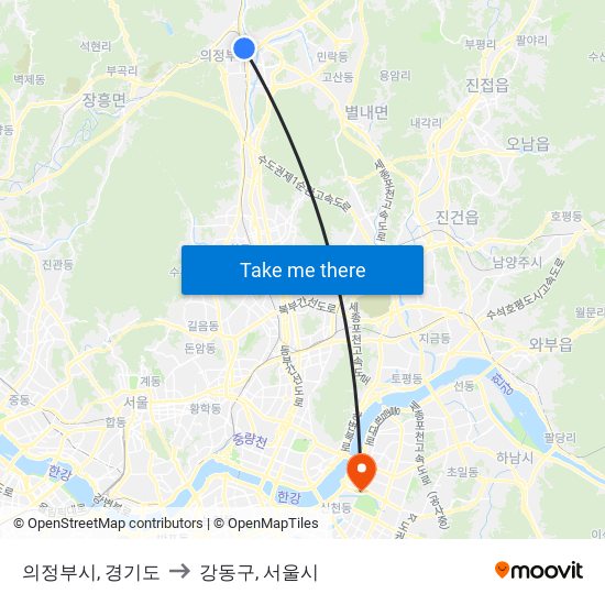 의정부시, 경기도 to 강동구, 서울시 map