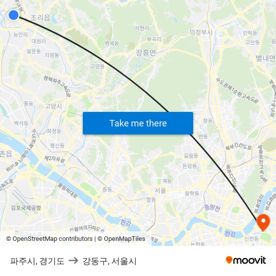 파주시, 경기도 to 강동구, 서울시 map