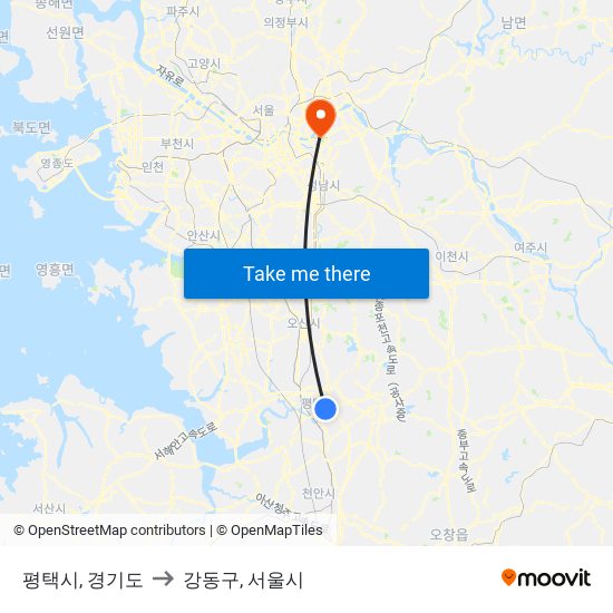 평택시, 경기도 to 강동구, 서울시 map