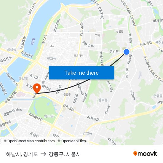 하남시, 경기도 to 강동구, 서울시 map