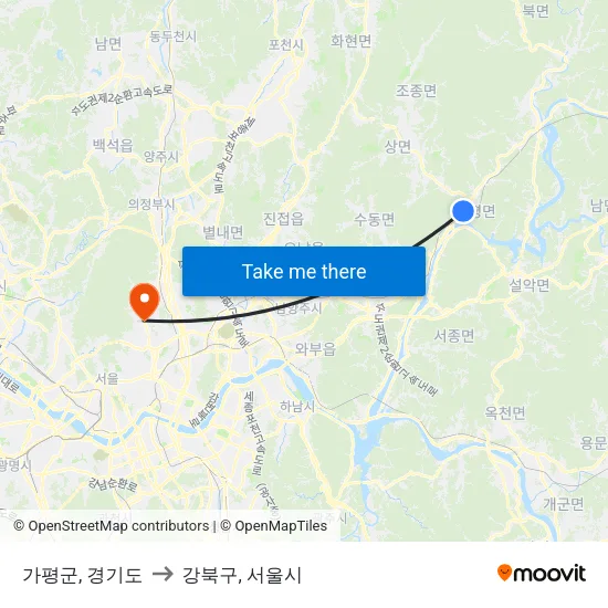 가평군, 경기도 to 강북구, 서울시 map
