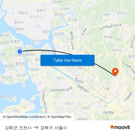 강화군, 인천시 to 강북구, 서울시 map