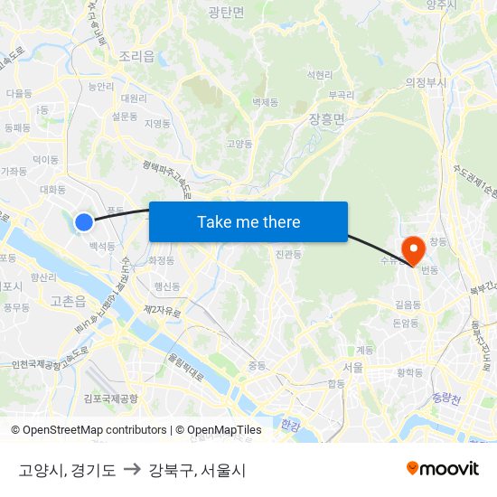 고양시, 경기도 to 강북구, 서울시 map