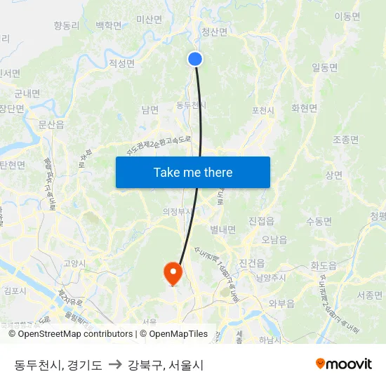 동두천시, 경기도 to 강북구, 서울시 map