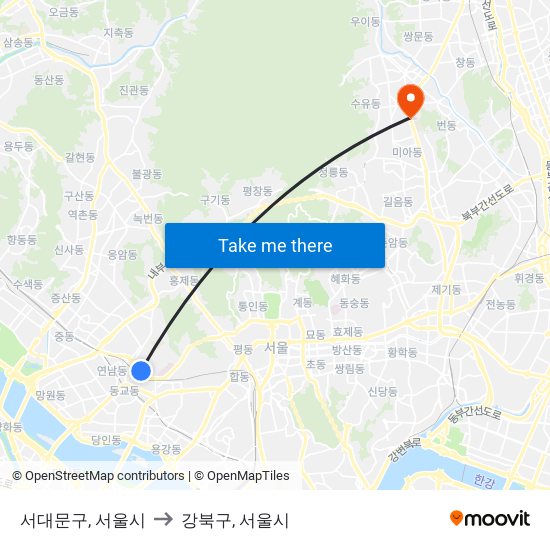 서대문구, 서울시 to 강북구, 서울시 map