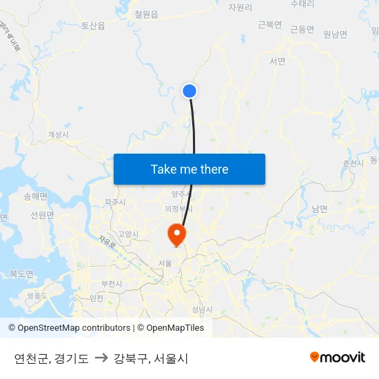 연천군, 경기도 to 강북구, 서울시 map