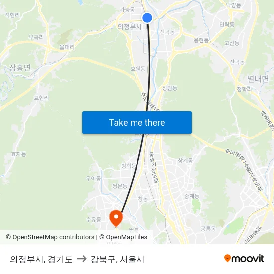 의정부시, 경기도 to 강북구, 서울시 map