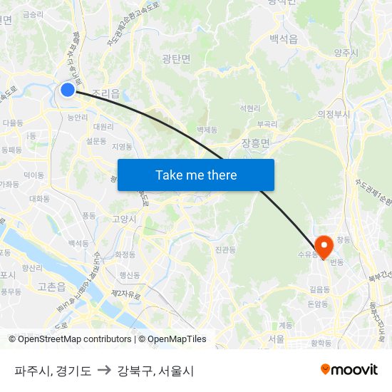 파주시, 경기도 to 강북구, 서울시 map