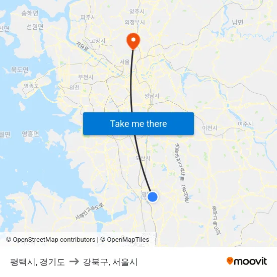평택시, 경기도 to 강북구, 서울시 map