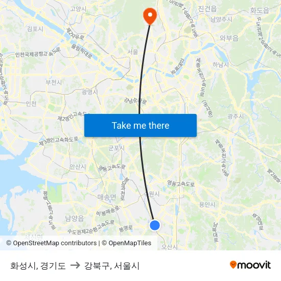 화성시, 경기도 to 강북구, 서울시 map