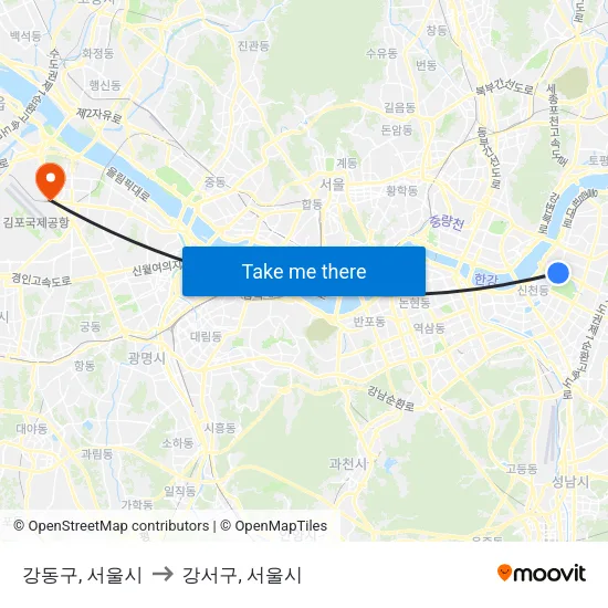 강동구, 서울시 to 강서구, 서울시 map