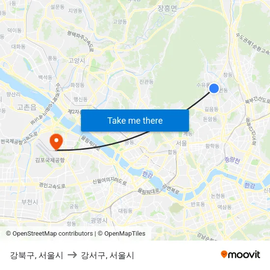 강북구, 서울시 to 강서구, 서울시 map