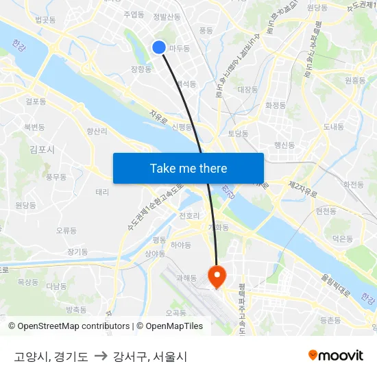 고양시, 경기도 to 강서구, 서울시 map
