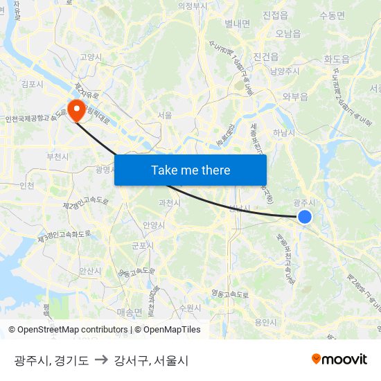 광주시, 경기도 to 강서구, 서울시 map