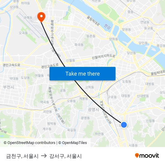 금천구, 서울시 to 강서구, 서울시 map