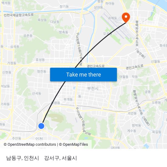 남동구, 인천시 to 강서구, 서울시 map