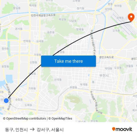 동구, 인천시 to 강서구, 서울시 map