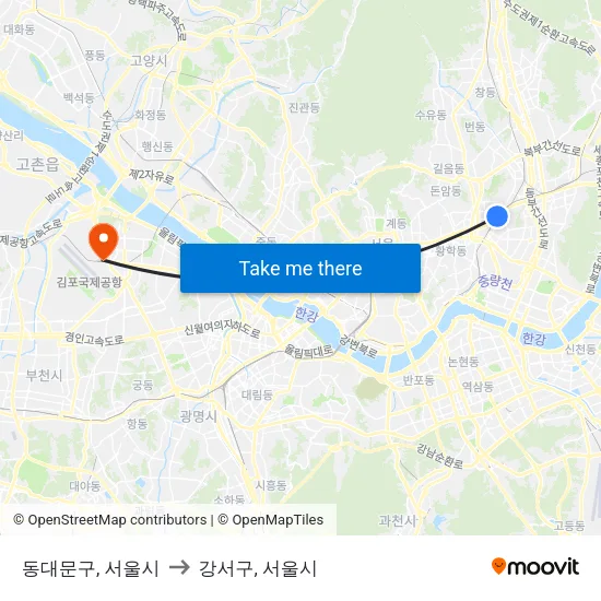 동대문구, 서울시 to 강서구, 서울시 map