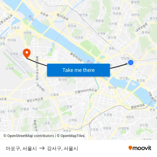 마포구, 서울시 to 강서구, 서울시 map
