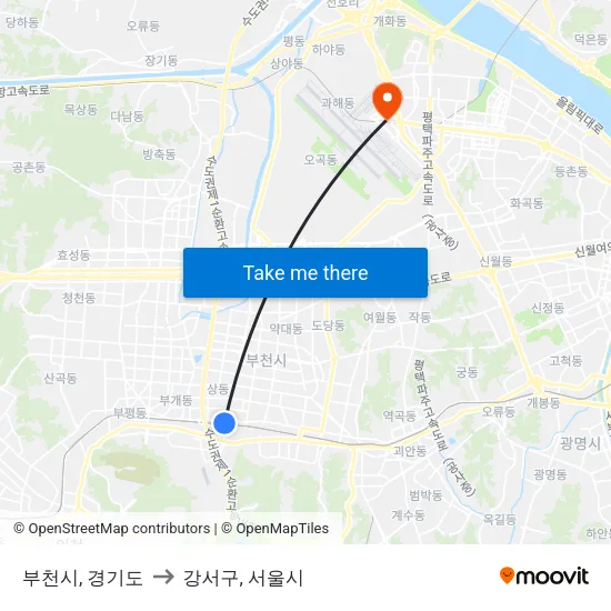 부천시, 경기도 to 강서구, 서울시 map