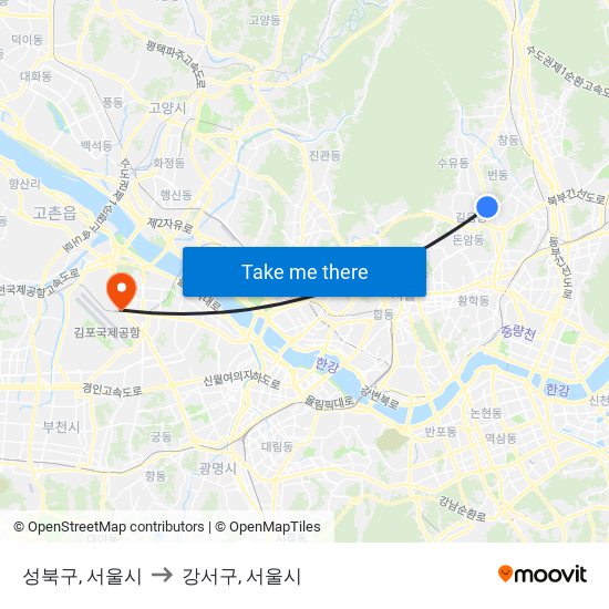 성북구, 서울시 to 강서구, 서울시 map