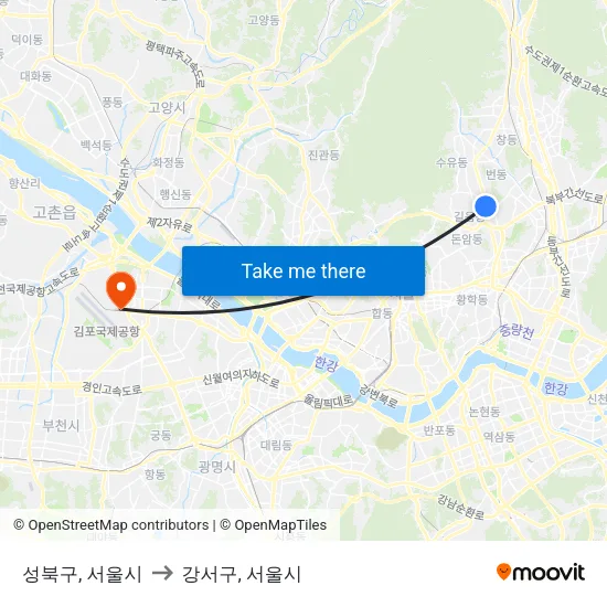 성북구, 서울시 to 강서구, 서울시 map