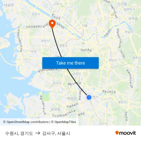 수원시, 경기도 to 강서구, 서울시 map
