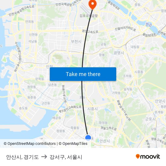 안산시, 경기도 to 강서구, 서울시 map